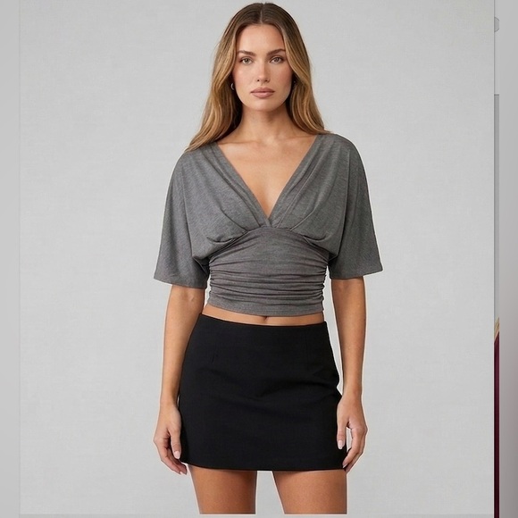 Grey Ruched Deep V-Neck Cropped Top with Dolman Sleeves - Picture 2 of 7